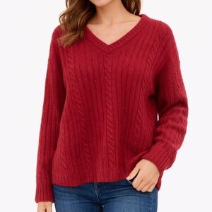 Eddie Bauer Red Cable Knit Cozy V-Neck Sweater Pullover Women’s Size Large